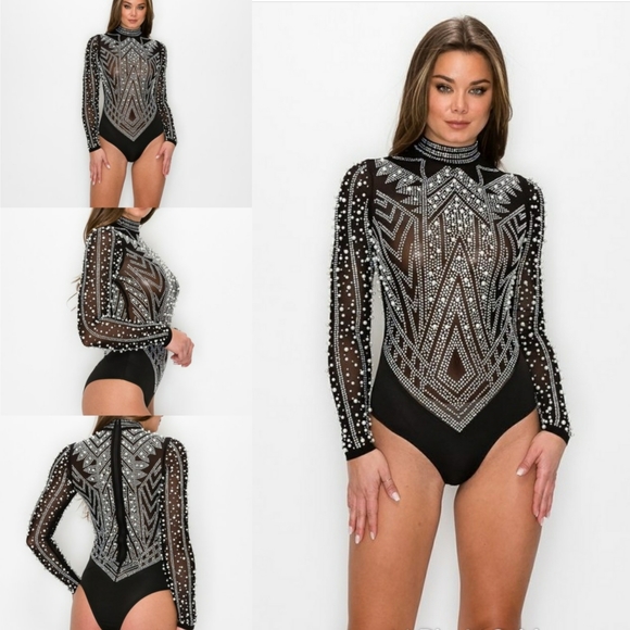 Mock Neck Rhinestone and Pearl Bodysuit